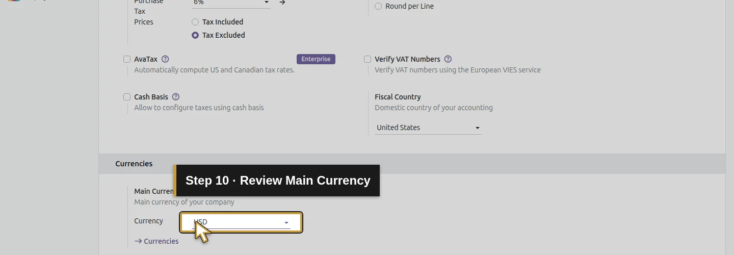 Step 10: Review Main Currency. The actual Odoo control is highlighted in gold.