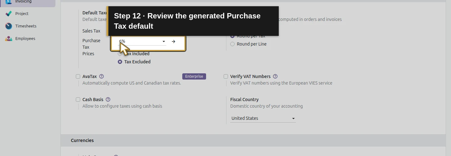 Step 12: Review the generated Purchase Tax default. The actual Odoo control is highlighted in gold.