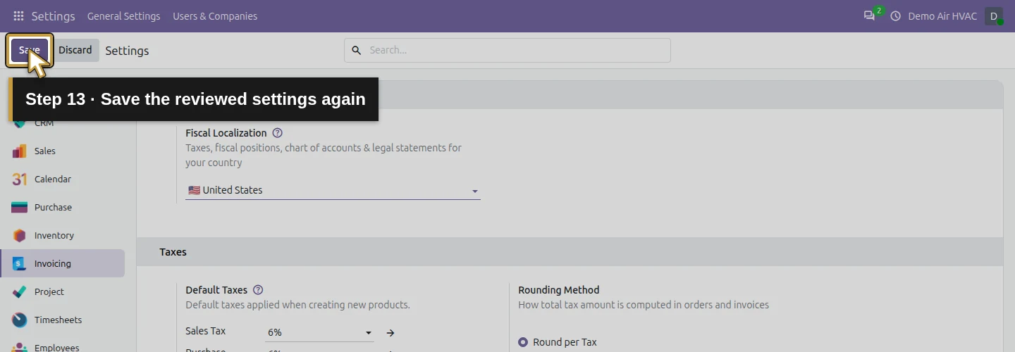 Step 13: Save the reviewed settings again. The actual Odoo control is highlighted in gold.