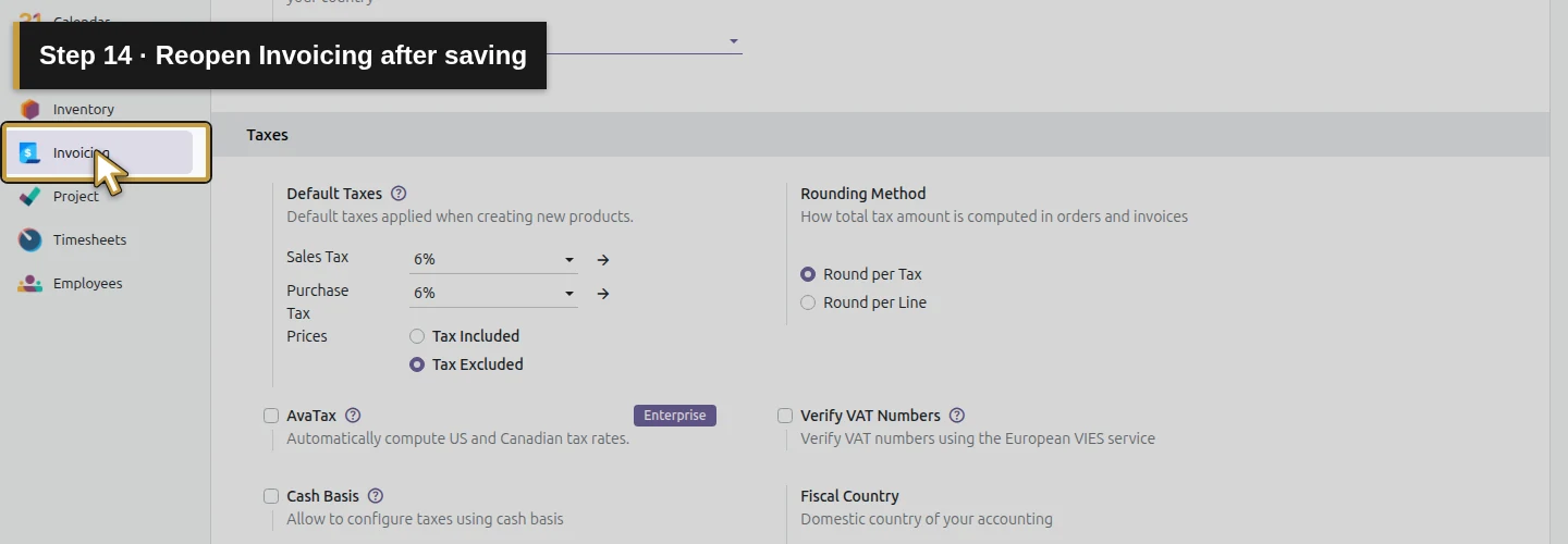 Step 14: Reopen Invoicing after saving. The actual Odoo control is highlighted in gold.