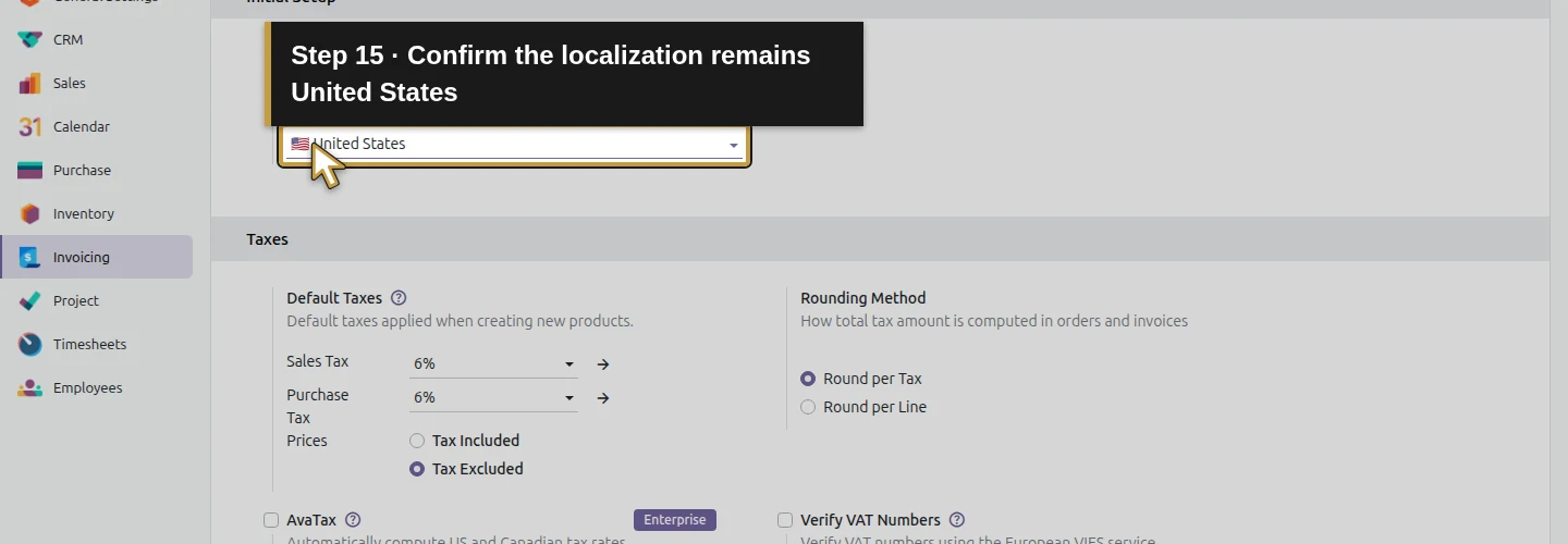 Step 15: Confirm the localization remains United States. The actual Odoo control is highlighted in gold.