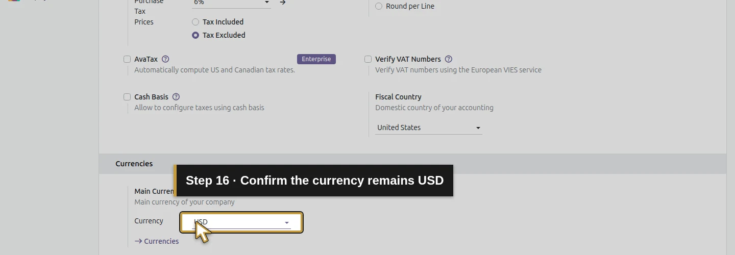 Step 16: Confirm the currency remains USD. The actual Odoo control is highlighted in gold.