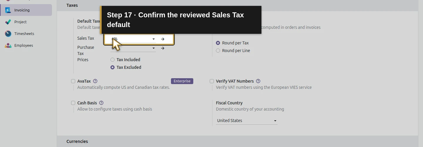 Step 17: Confirm the reviewed Sales Tax default. The actual Odoo control is highlighted in gold.