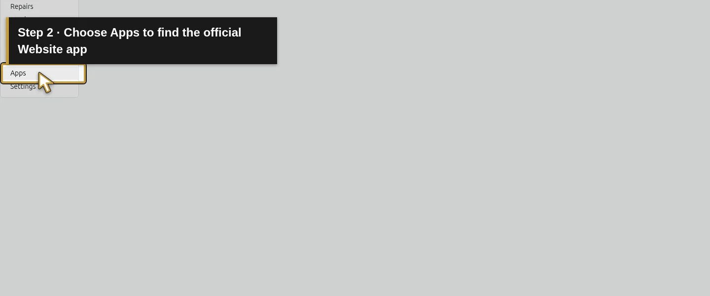 Action 2: Choose Apps to find the official Website app. The actual target is highlighted in gold.