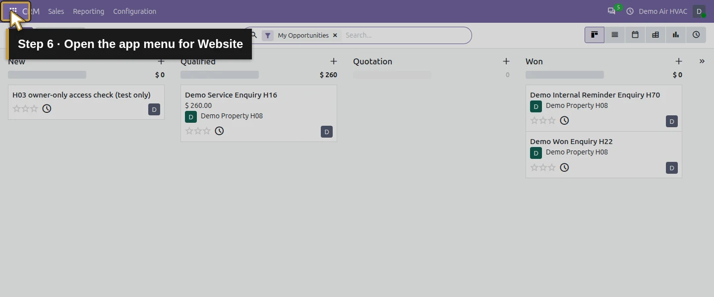Action 6: Open the app menu for Website. The actual target is highlighted in gold.