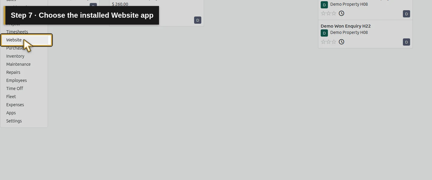 Action 7: Choose the installed Website app. The actual target is highlighted in gold.