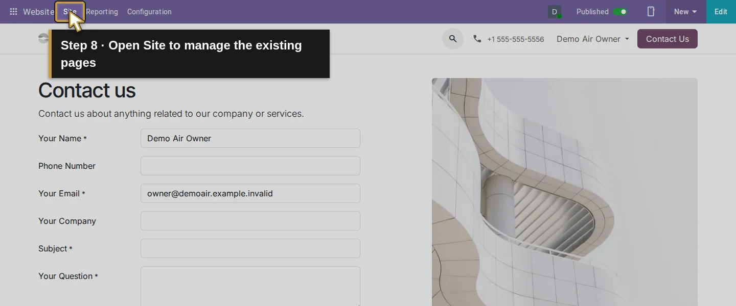 Action 8: Open Site to manage the existing pages. The actual target is highlighted in gold.