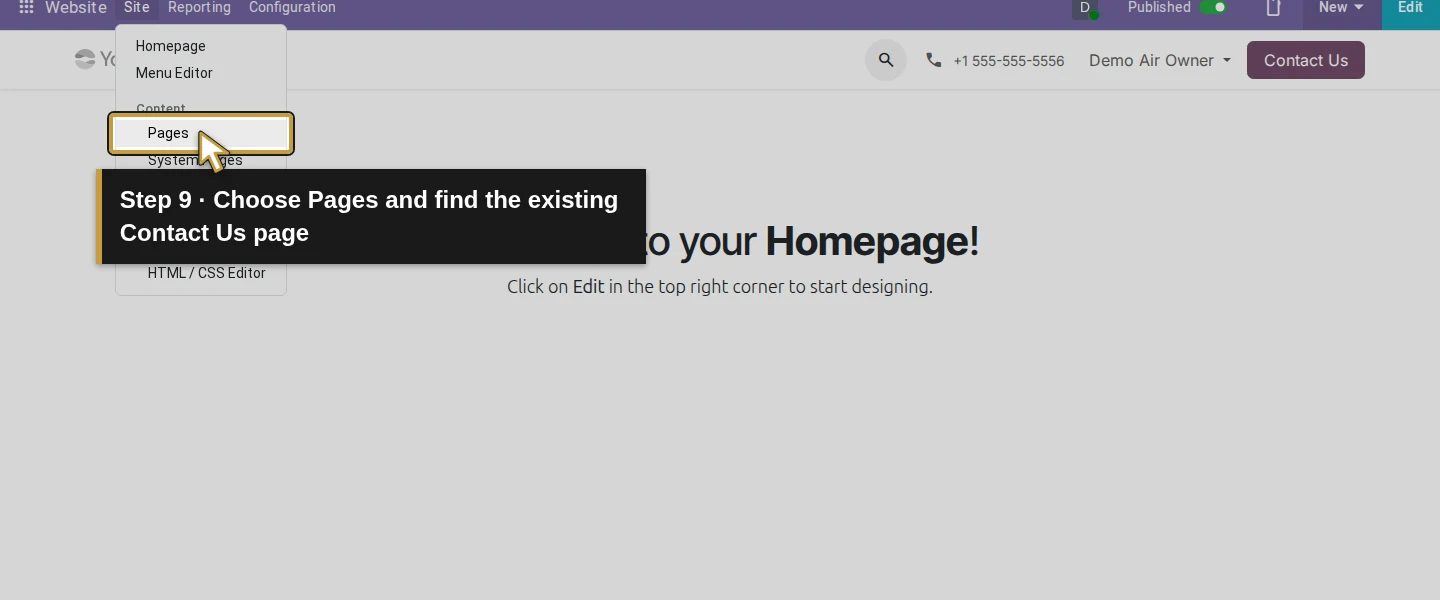 Action 9: Choose Pages and find the existing Contact Us page. The actual target is highlighted in gold.