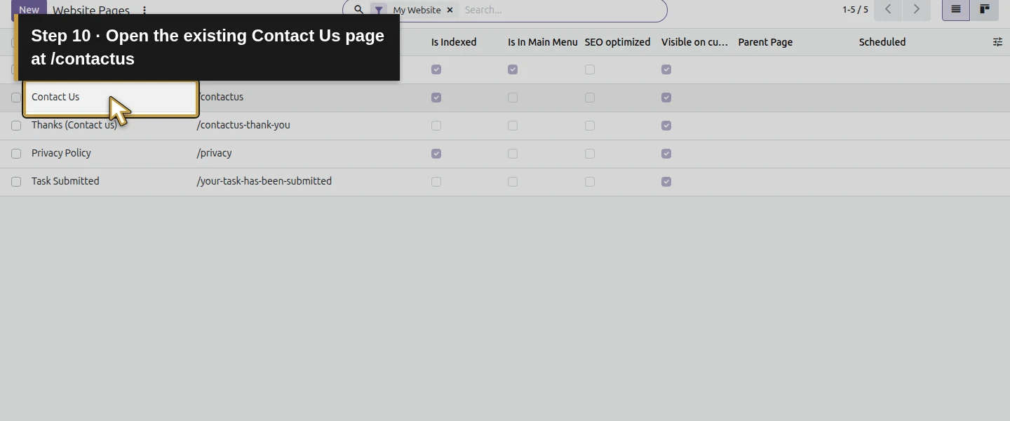 Action 10: Open the existing Contact Us page at /contactus. The actual target is highlighted in gold.