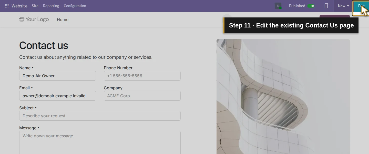 Action 11: Edit the existing Contact Us page. The actual target is highlighted in gold.