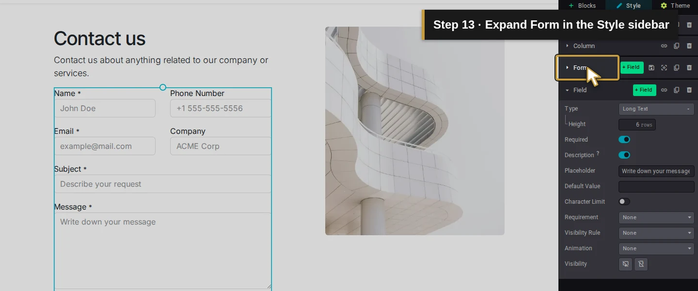 Action 13: Expand Form in the Style sidebar. The actual target is highlighted in gold.