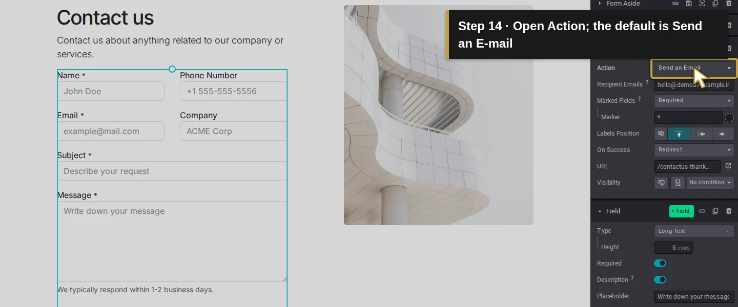Action 14: Open Action; the default is Send an E-mail. The actual target is highlighted in gold.