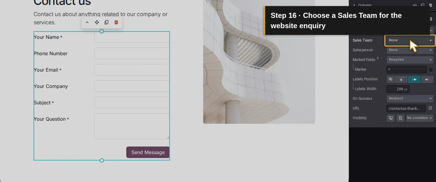 Action 16: Choose a Sales Team for the website enquiry. The actual target is highlighted in gold.