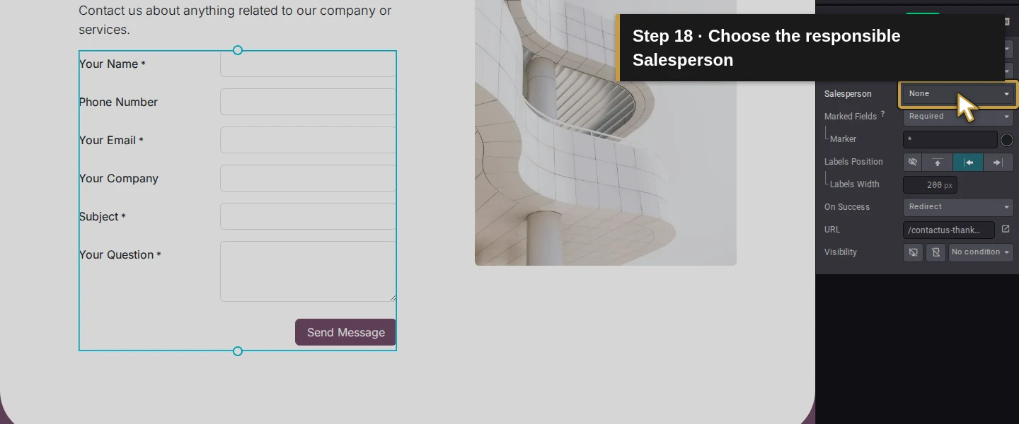 Action 18: Choose the responsible Salesperson. The actual target is highlighted in gold.
