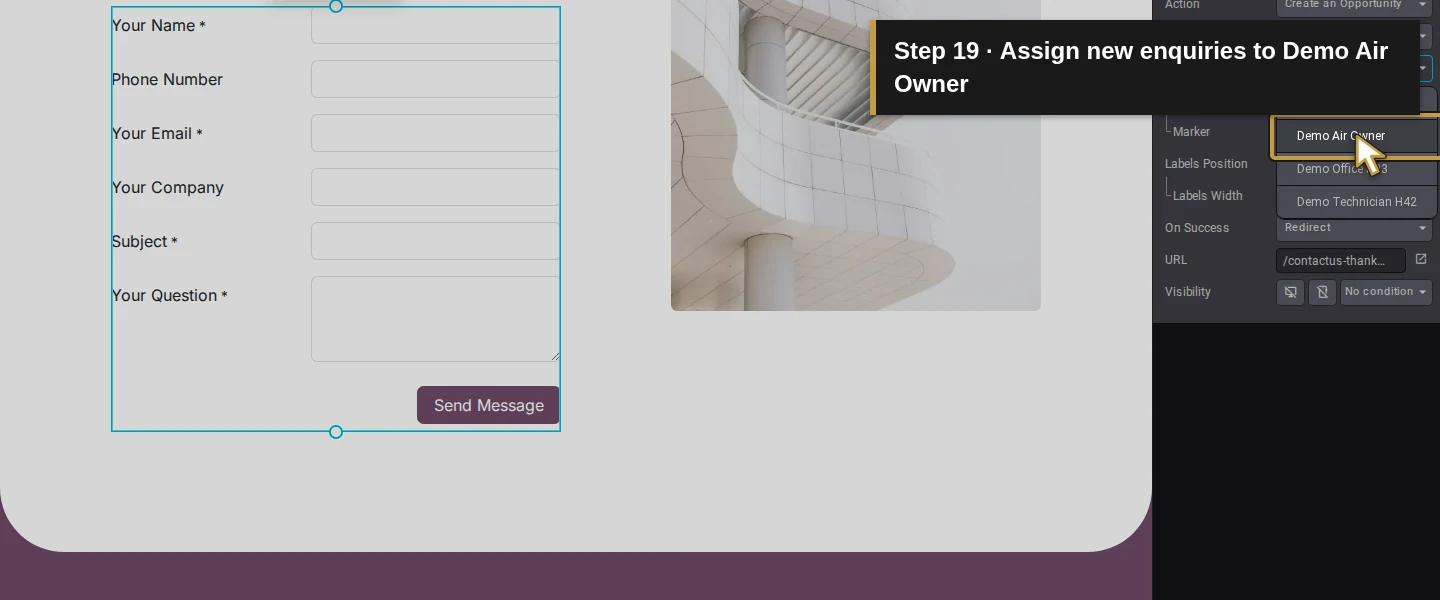 Action 19: Assign new enquiries to Demo Air Owner. The actual target is highlighted in gold.