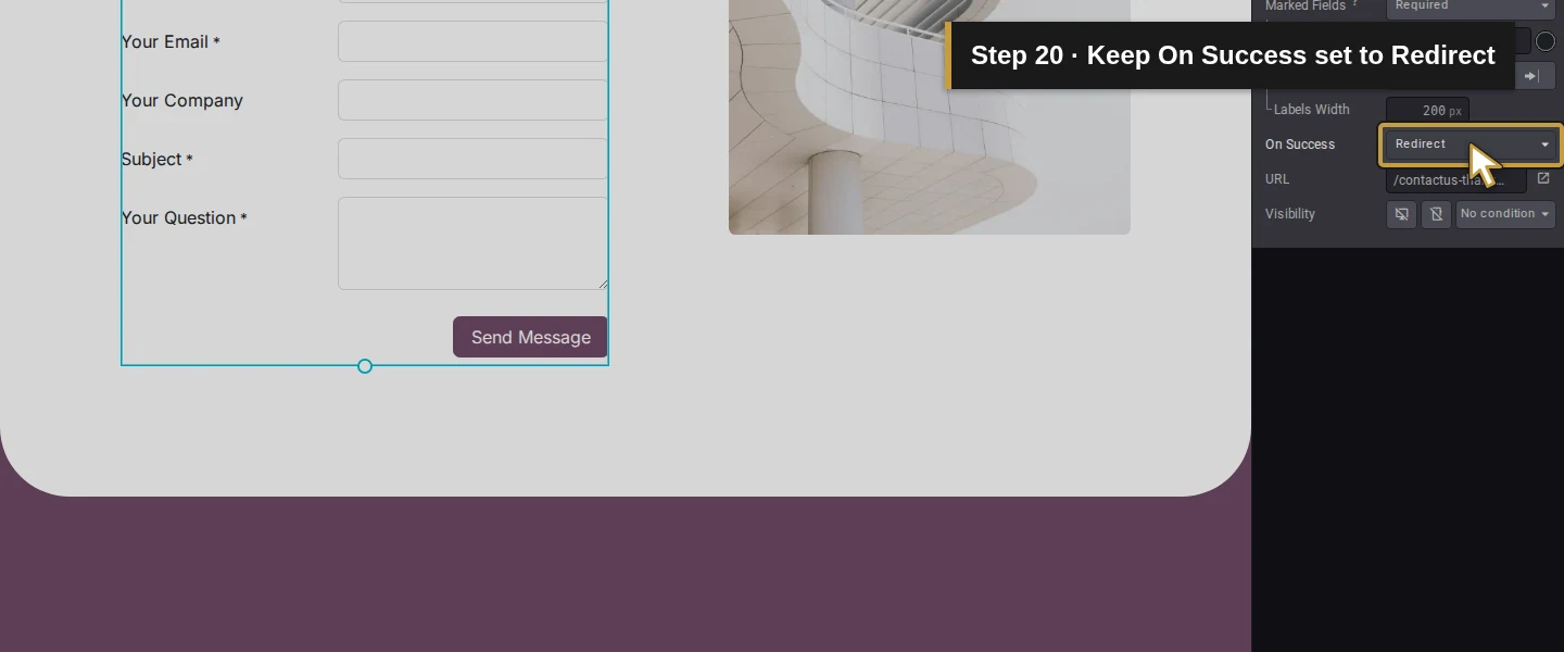 Action 20: Keep On Success set to Redirect. The actual target is highlighted in gold.
