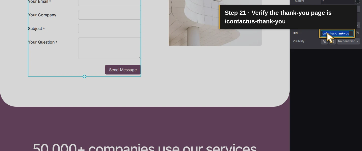 Action 21: Verify the thank-you page is /contactus-thank-you. The actual target is highlighted in gold.