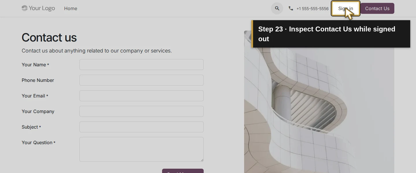 Action 23: Inspect Contact Us while signed out. The actual target is highlighted in gold.