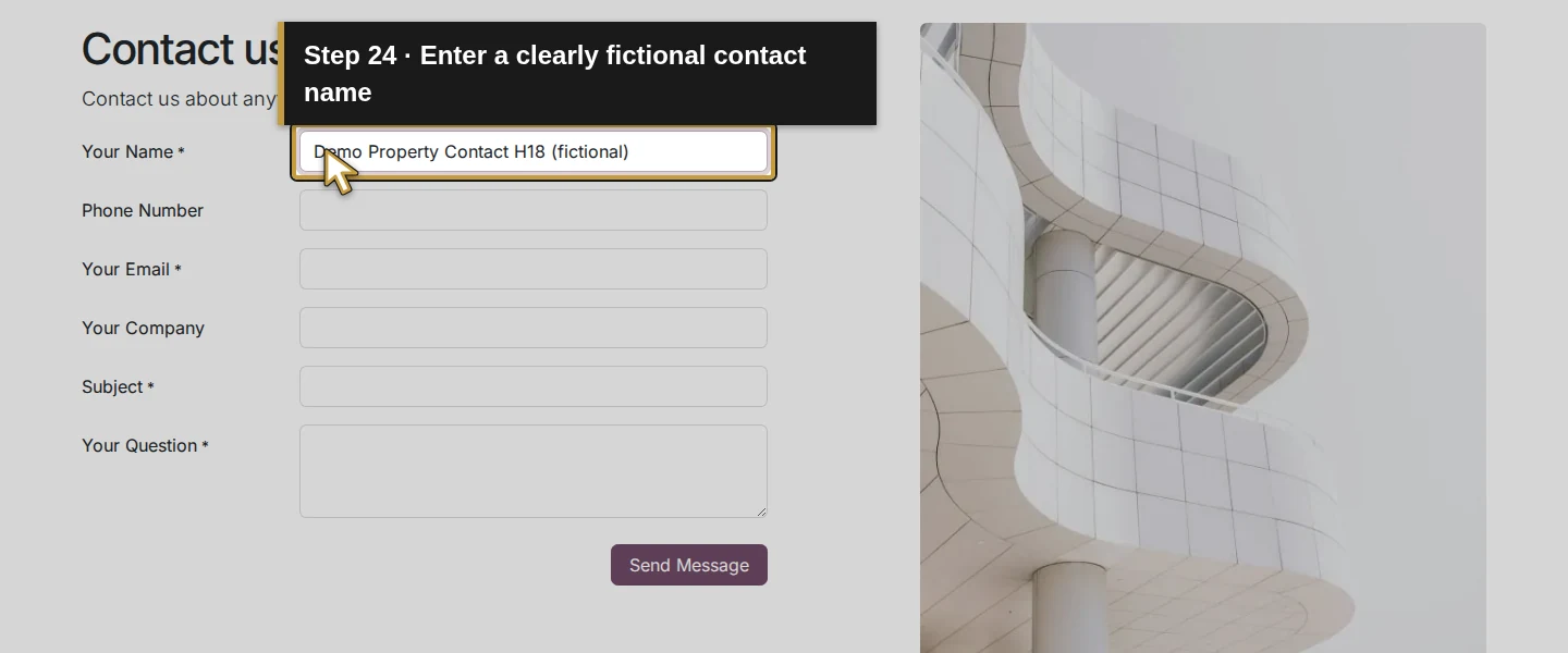 Action 24: Enter a clearly fictional contact name. The actual target is highlighted in gold.
