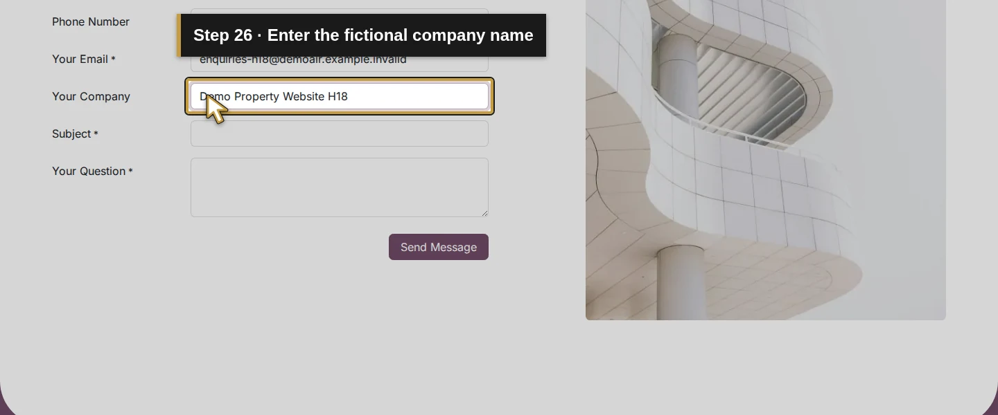 Action 26: Enter the fictional company name. The actual target is highlighted in gold.