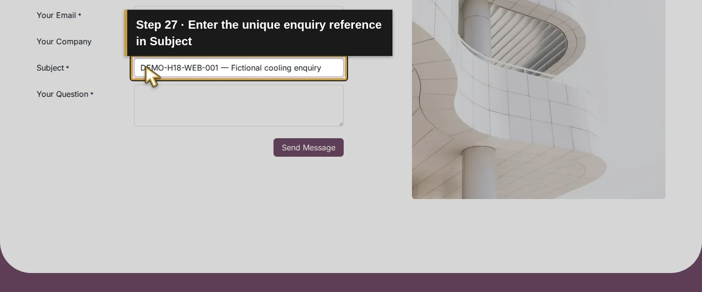 Action 27: Enter the unique enquiry reference in Subject. The actual target is highlighted in gold.