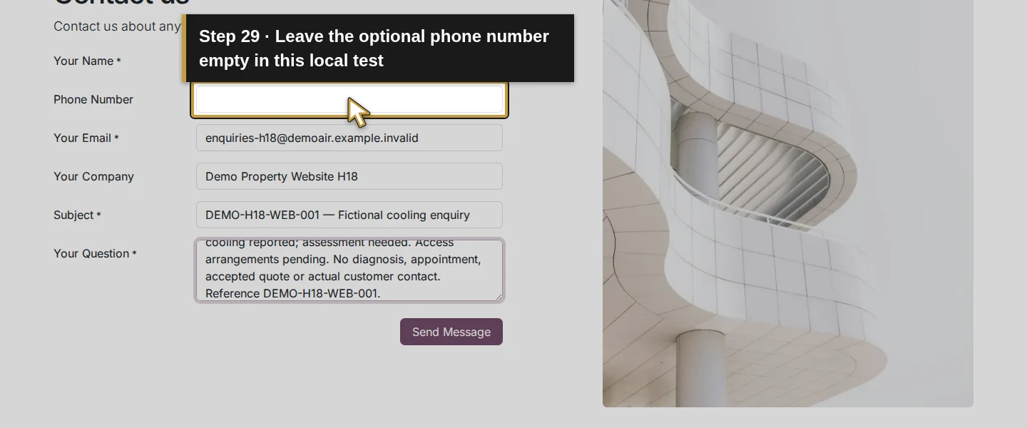 Action 29: Leave the optional phone number empty in this local test. The actual target is highlighted in gold.