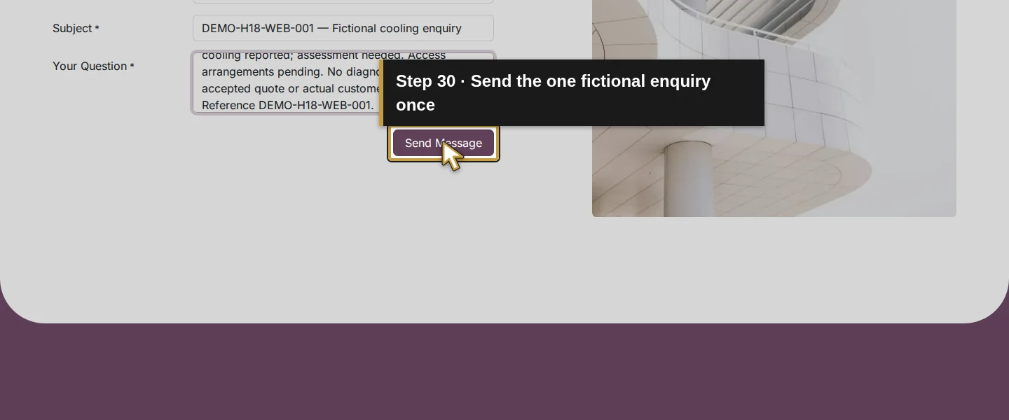 Action 30: Send the one fictional enquiry once. The actual target is highlighted in gold.