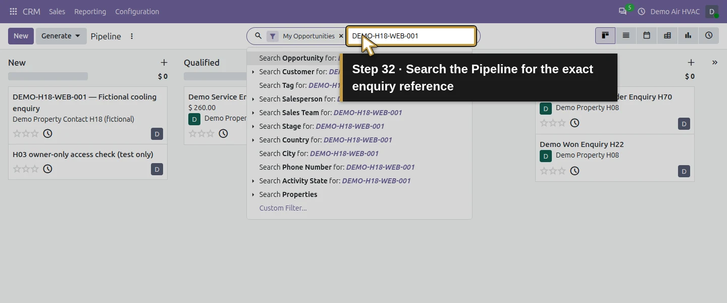 Action 32: Search the Pipeline for the exact enquiry reference. The actual target is highlighted in gold.