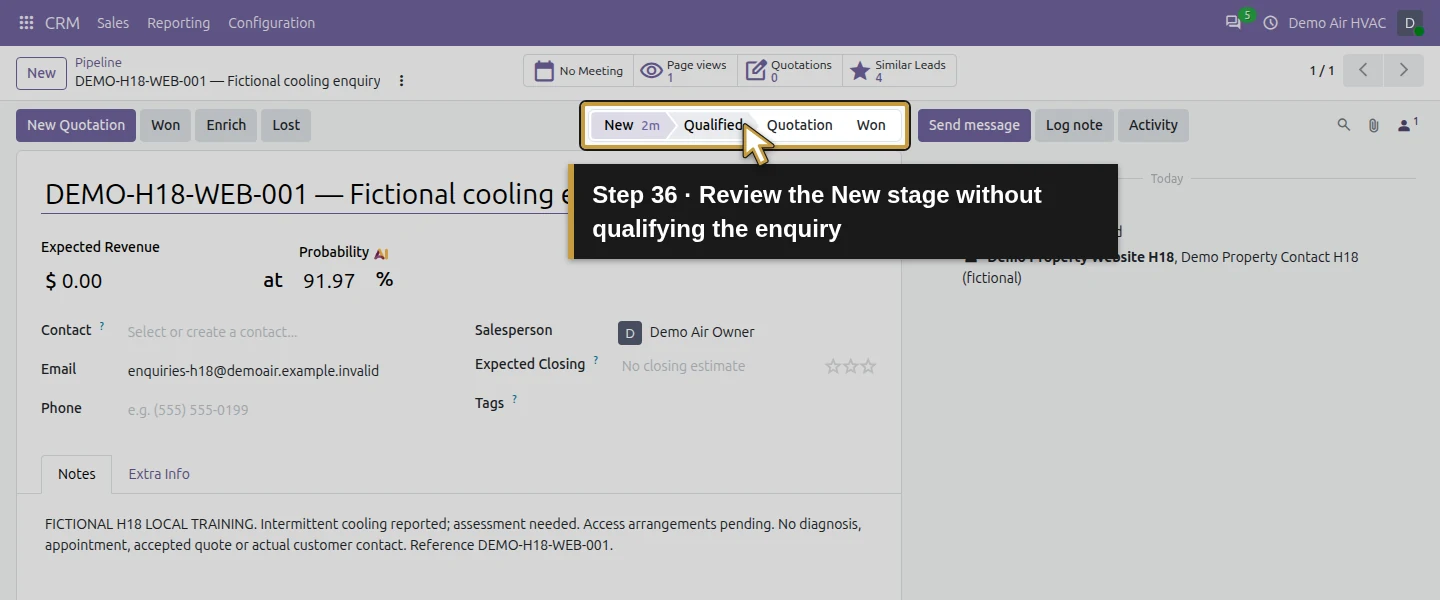 Action 36: Review the New stage without qualifying the enquiry. The actual target is highlighted in gold.