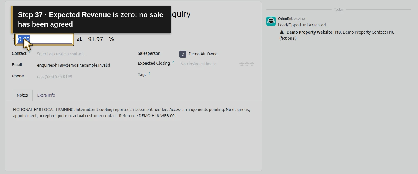 Action 37: Expected Revenue is zero; no sale has been agreed. The actual target is highlighted in gold.