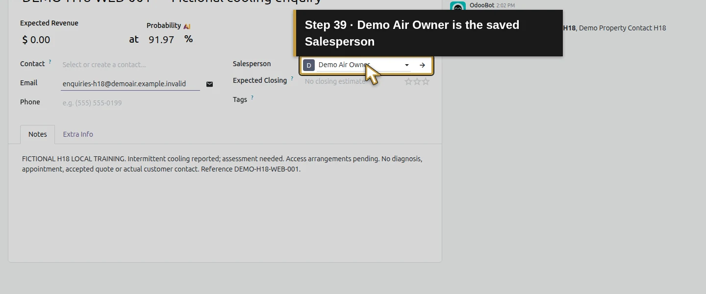 Action 39: Demo Air Owner is the saved Salesperson. The actual target is highlighted in gold.