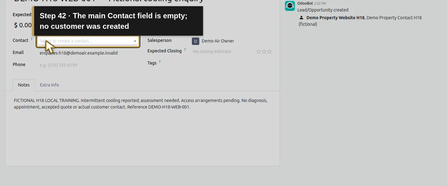 Action 42: The main Contact field is empty; no customer was created. The actual target is highlighted in gold.