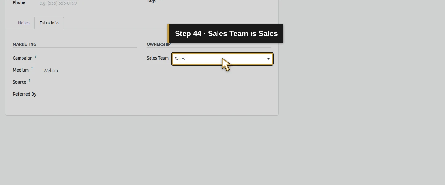 Action 44: Sales Team is Sales. The actual target is highlighted in gold.