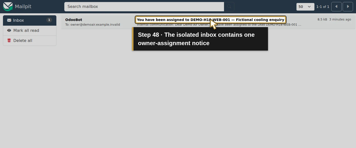 Action 48: The isolated inbox contains one owner-assignment notice. The actual target is highlighted in gold.