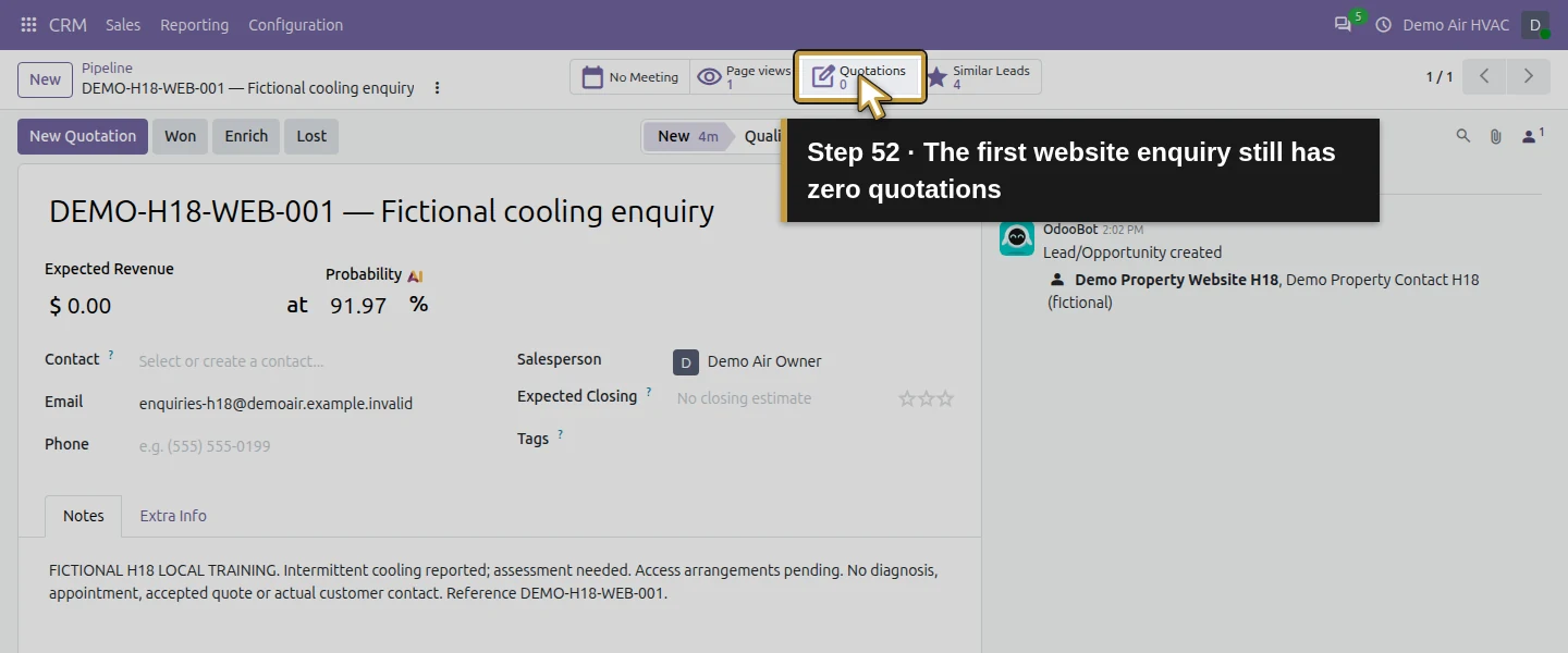 Action 52: The first website enquiry still has zero quotations. The actual target is highlighted in gold.