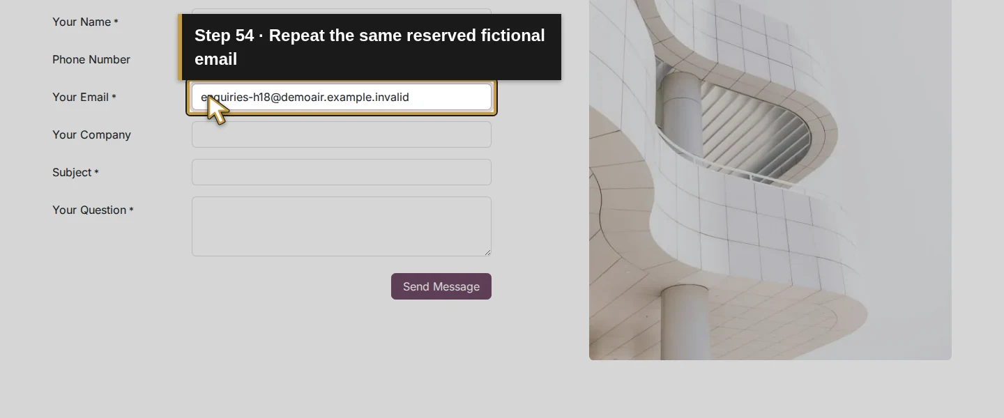 Action 54: Repeat the same reserved fictional email. The actual target is highlighted in gold.