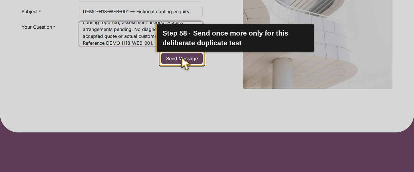 Action 58: Send once more only for this deliberate duplicate test. The actual target is highlighted in gold.