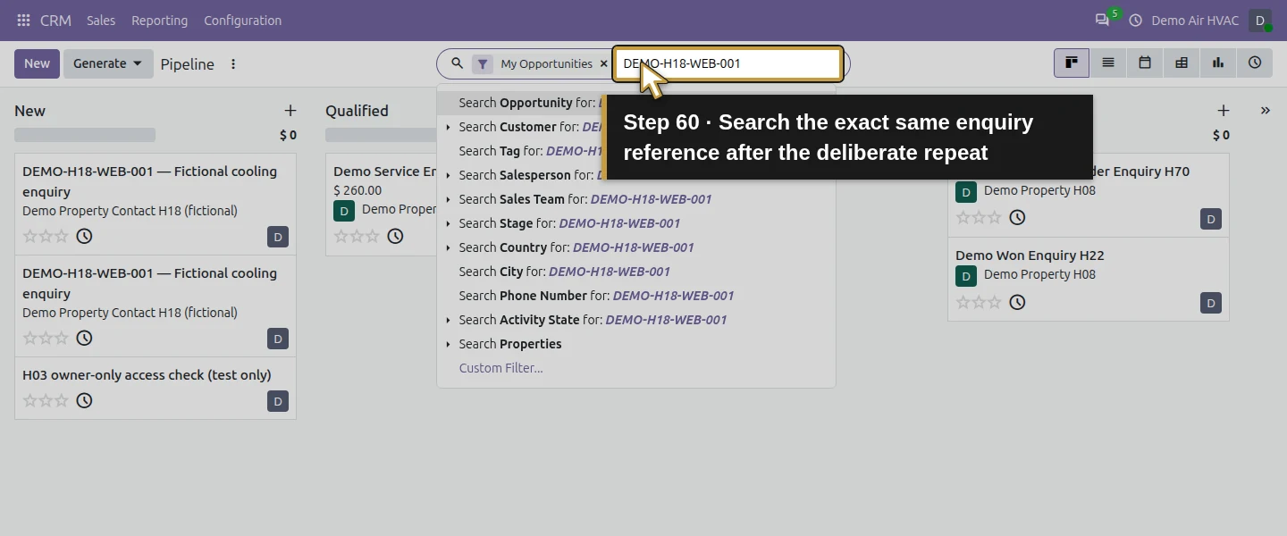 Action 60: Search the exact same enquiry reference after the deliberate repeat. The actual target is highlighted in gold.