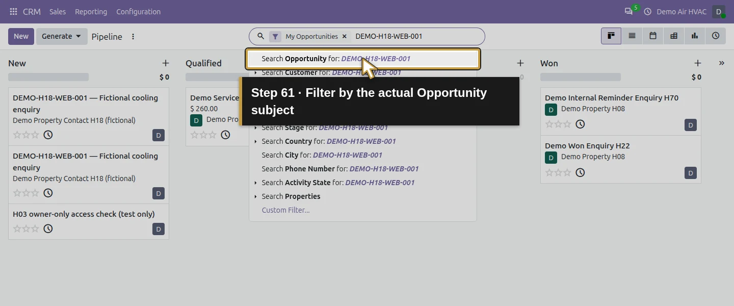 Action 61: Filter by the actual Opportunity subject. The actual target is highlighted in gold.