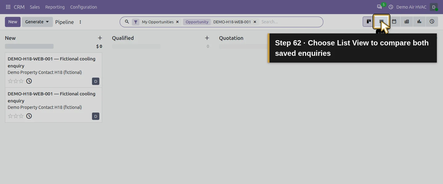 Action 62: Choose List View to compare both saved enquiries. The actual target is highlighted in gold.