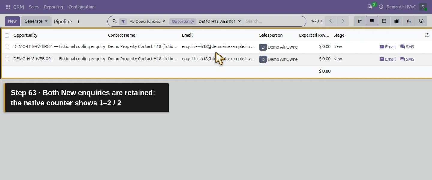Action 63: Both New enquiries are retained; the native counter shows 1–2 / 2. The actual target is highlighted in gold.