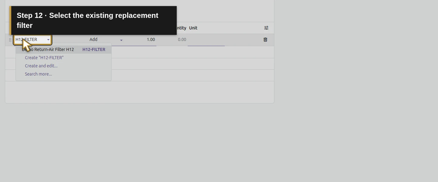 Action 12: Select the existing replacement filter. The actual target is highlighted in gold.