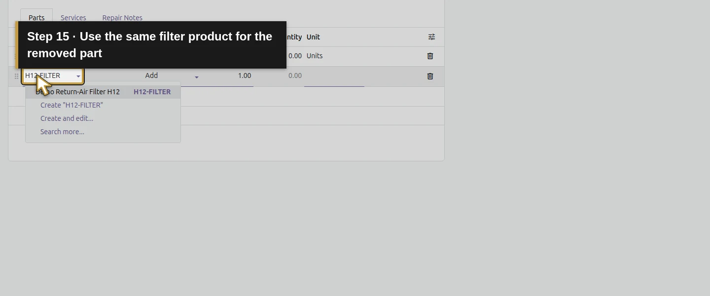Action 15: Use the same filter product for the removed part. The actual target is highlighted in gold.