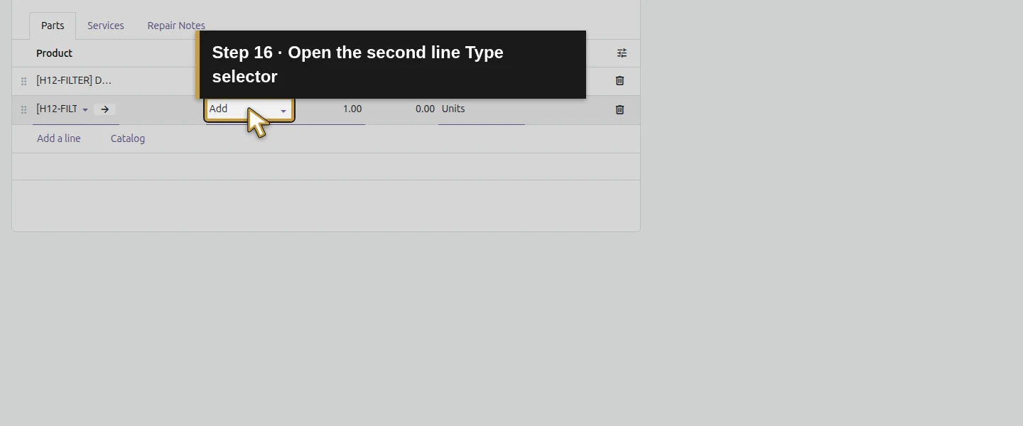 Action 16: Open the second line Type selector. The actual target is highlighted in gold.