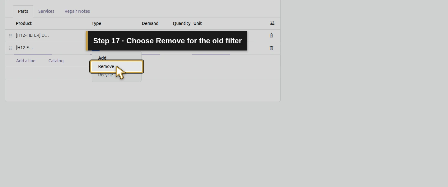 Action 17: Choose Remove for the old filter. The actual target is highlighted in gold.