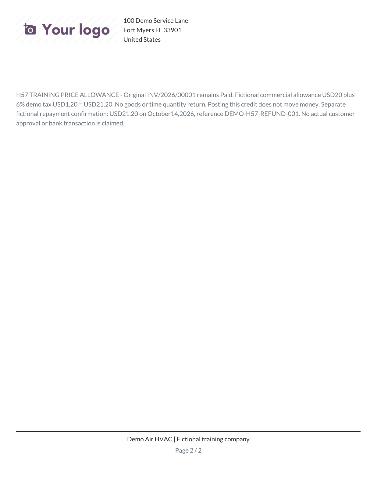 Page 2 of the fictional Odoo credit note: the continued training allowance note and company footer.